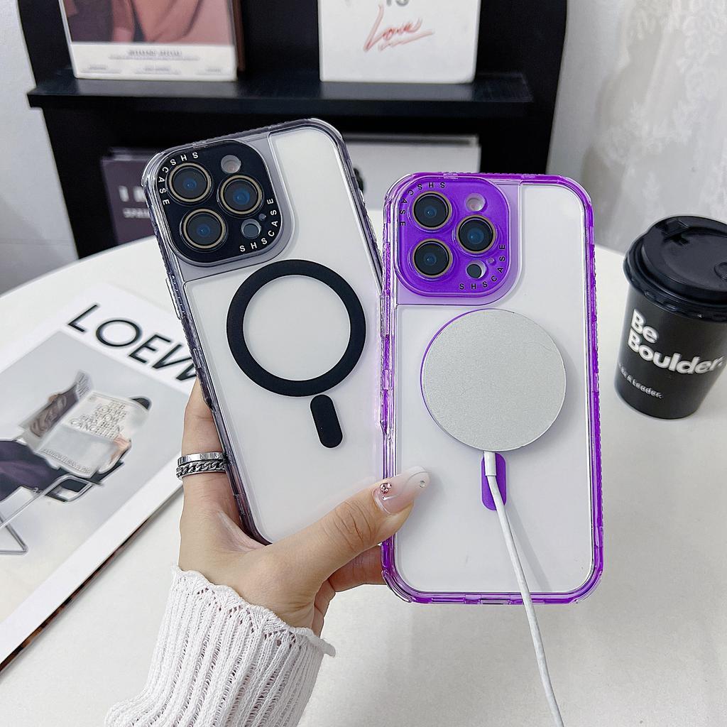 For iPhone 16 Pro Max Magnetic Case Clear Colorful Frame TPU + PC Phone Back Cover with Lens Film