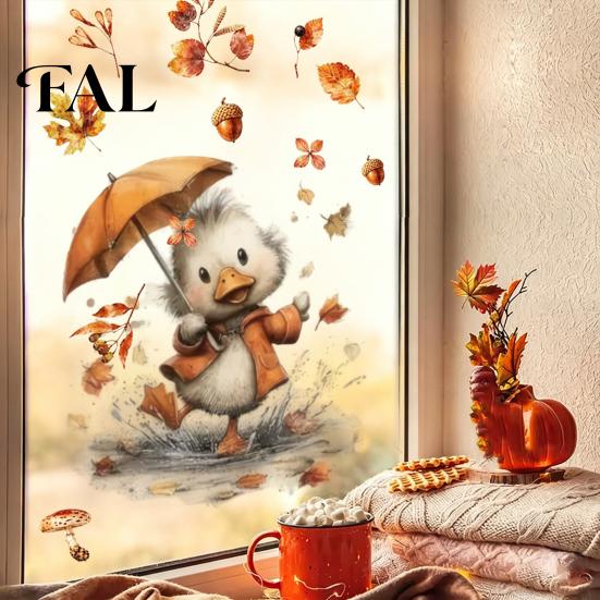 Seasonal Glass Stickers for Living Room Autumn Static Window Sticker with Cute Animals & Maple Leaves, Removable Harvest Clings Festival Clings