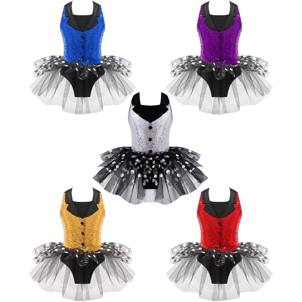 Стильное танцевальное платье в горошек для девочек, безрукавный костюм с воротником и пайетками на спине, сетчатая юбка, одежда для выступлений