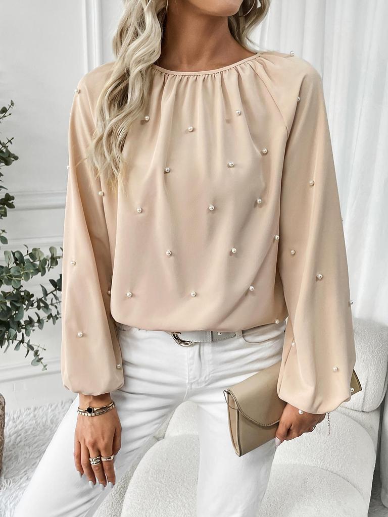 Beaded Lantern Sleeve Round Neck Shirt - Autumn Fashion for Women