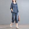 Blue Denim Suit Plus Size Women Cowboy 2 Piece Set  Summer Outfits Floral Embroidery Top and Pant Suits Loose Casual Clothes