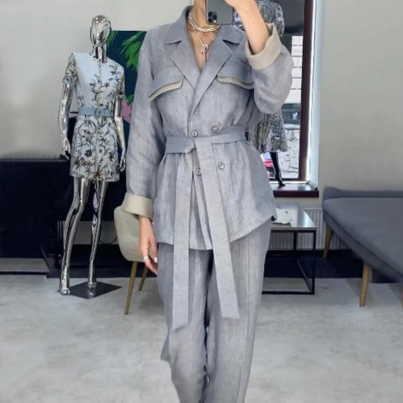 2023 Осень Европейско-американская Мода Комплект Брюк для Повседневной Носки с Воротником Поло и Завязкой на Талии