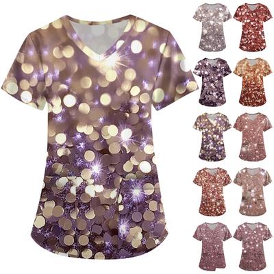 Короткий рукав для женщин мода V-образный вырез ретро принт талия завернутый топ футболка