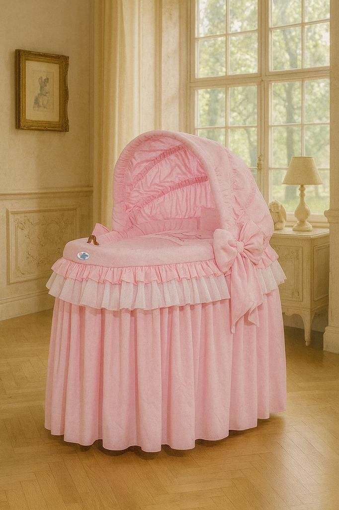 Wicker Moses Basket With Foldable Hood - Little Princess Pink