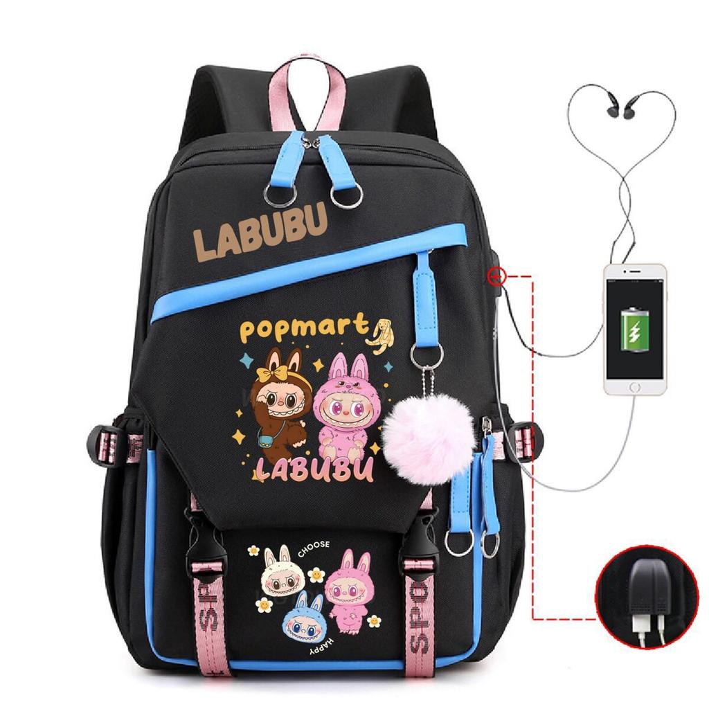 Студенческий школьный рюкзак с принтом Лабубу, многофункциональный, большой вместимости, с USB-портом