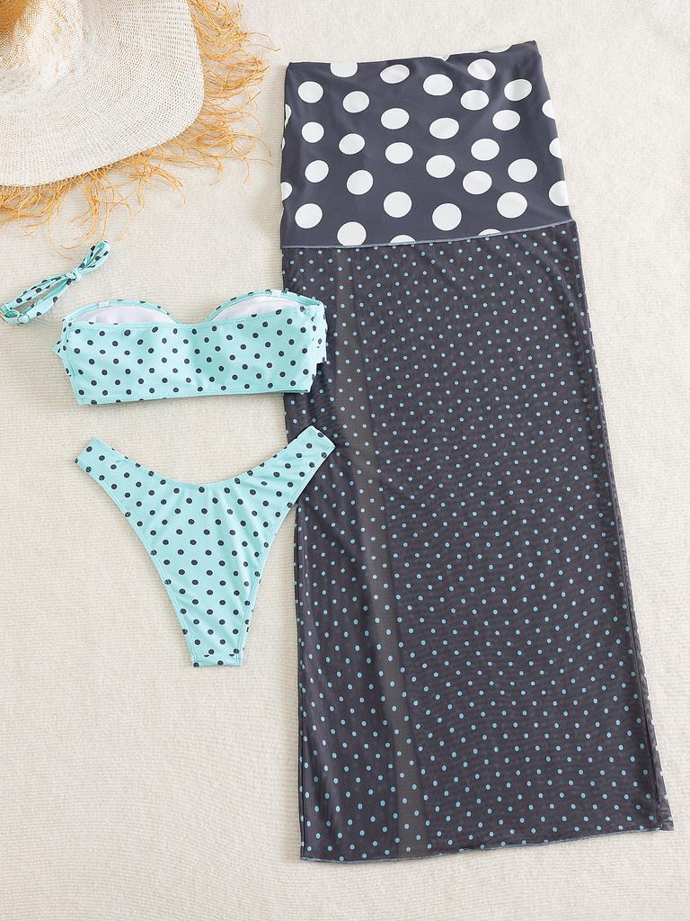 Hot-selling fresh polka dot ruffle edge removable shoulder strap European and American sexy drawstring long skirt swimsuit three-piece women's