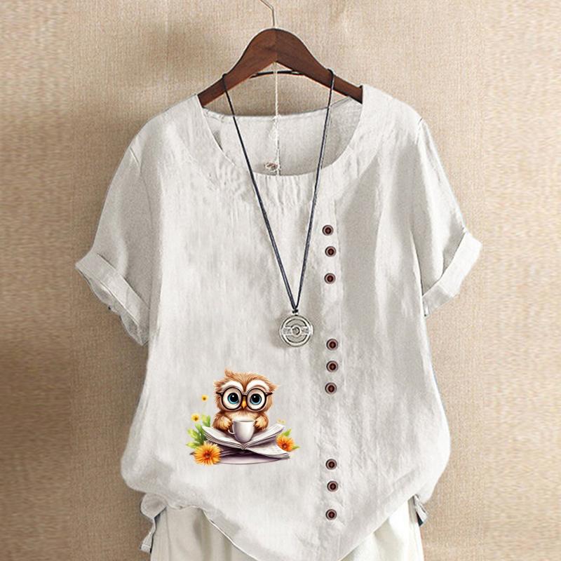 Women's Fashion Owl Reading Prined Short Sleeve T-shirt Loose Cotton Shirt Casual Loose Summer Blouse Tops Plus Size