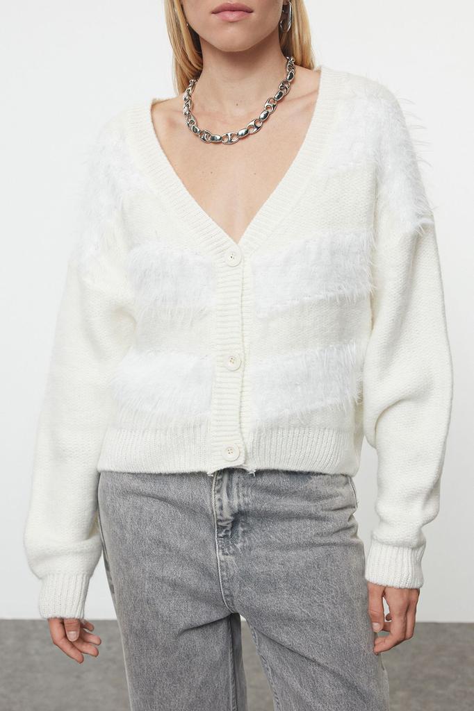 Women's Elegance Style Cardigan Ecru Soft Textured Knitwear Cardigan