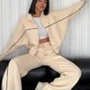 Women's 2-piece Casual Sports Suit, Long-sleeved Half-turtleneck Cardigan, Sweater, Lace-up Striped Trousers