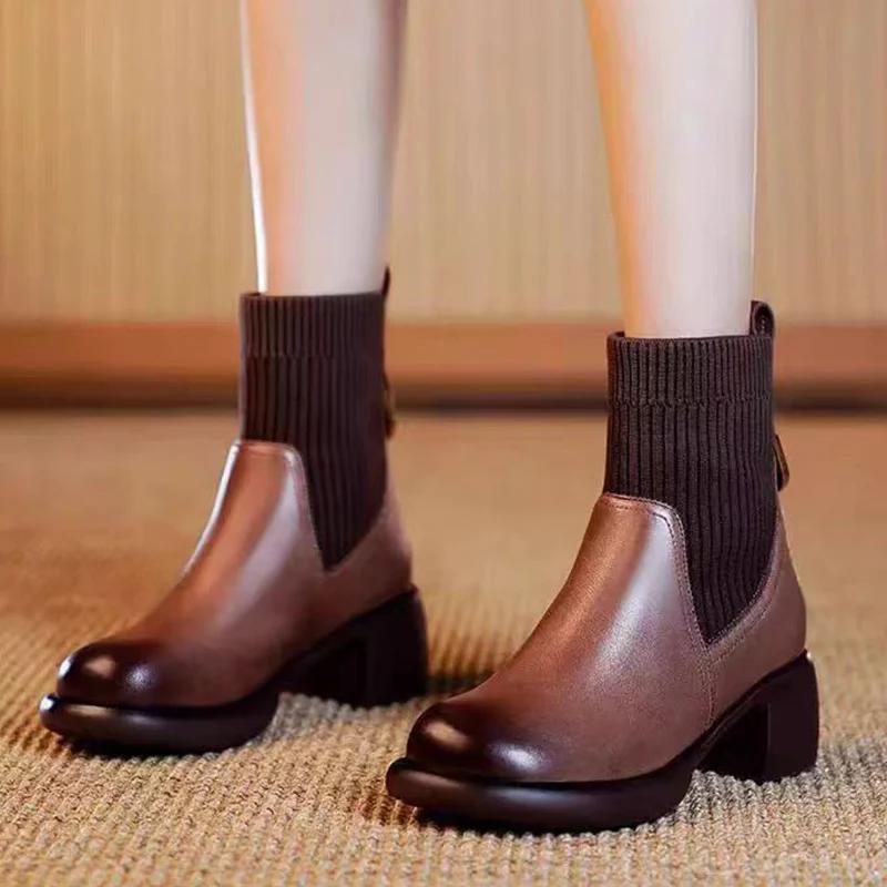 Зимние кожаные женские зимние ботильоны на среднем каблуке в стиле ретро, дизайнерские ботинки челси 2024 года, классические массивные туфли в готическом стиле, женские ботинки