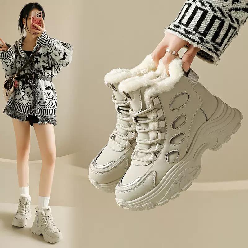 Новая женская обувь Зимние плюшевые теплые сноубутсы Утолщенные плюшевые высокие хлопковые ботинки для женщин Нескользящие ботильоны на платформе