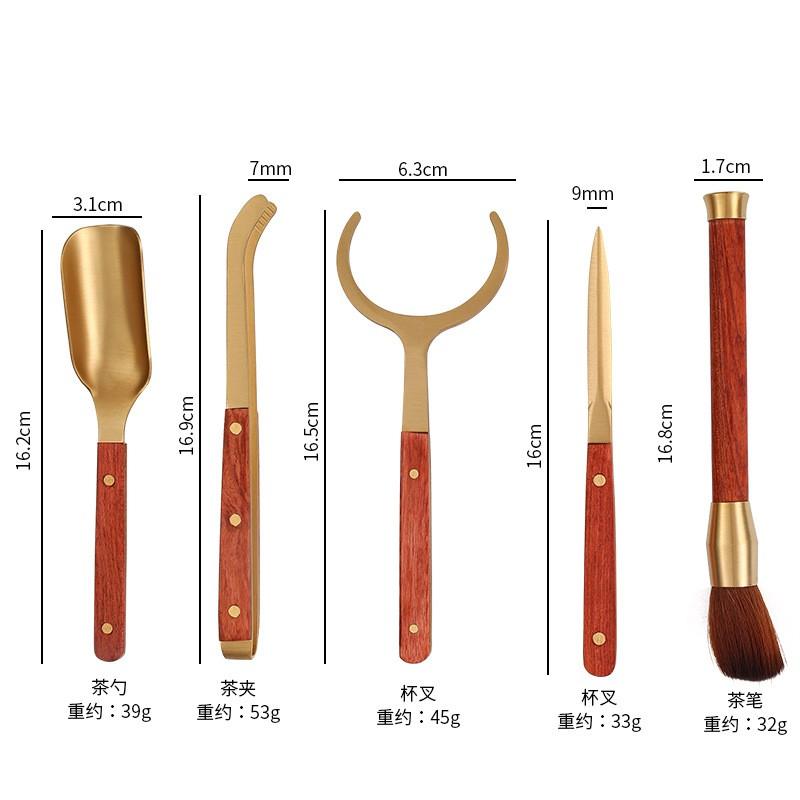 Brass Tea Ceremony Tools Set With Wooden Handle - Tongs Spoon Knife Brush Fork Gongfu Accessories