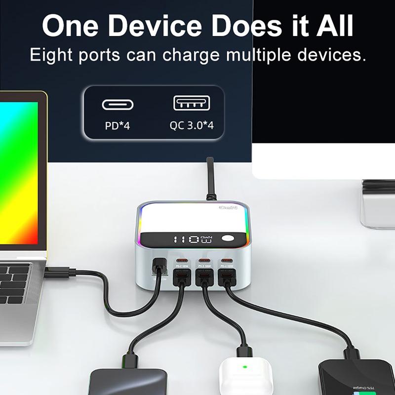 Настольное зарядное устройство 120 Вт USB Универсальное Многопортовое PD Быстрое зарядное устройство с многоцветной подсветкой для мобильных телефонов и ноутбуков