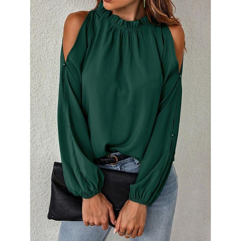 Long Sleeve Women Chiffon Blouse Off Shoulder Stand Collar Fashion Green Lady Tops Ruffle Casual Shirts Womens Clothing 24406