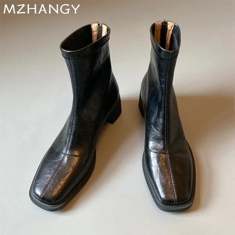 Модные женские кожаные ботильоны с квадратным носком и средним каблуком, элегантная обувь для женщин, тренд 2025, зимняя мода, сексуальные туфли-лодочки, мотоциклетные ботинки Mujer
