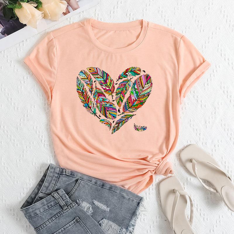 Летние женские футболки больших размеров с принтом в виде перьев и сердец, свободные, с круглым вырезом, повседневные, из чистого хлопка, с короткими рукавами, женские