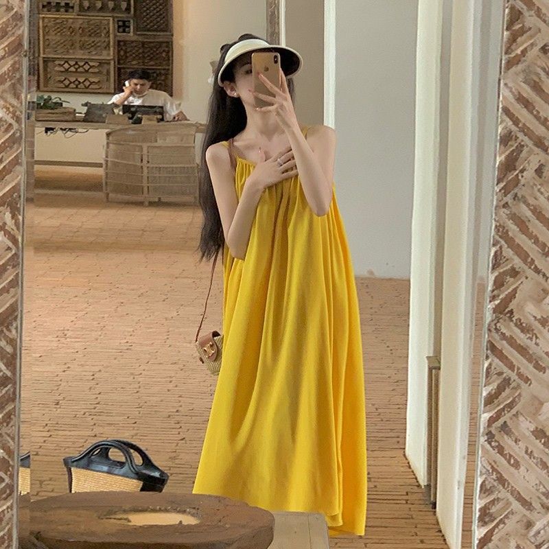 Hainan Sanya vacation beach dress sexy loose backless dress Xishuangbanna suspender design long dress summer