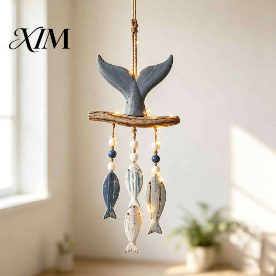 Coastal Porch Hanging Decor Lighted Wooden Wall Ornament, Nautical Fish Shell Starfish Sign with Indoor Outdoor Decorative LED Lights Warm Lights,