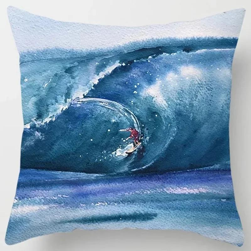 Office Decoration Pillow Ocean Blue Wave Pattern Cushion Cover Home Living Room Sofa