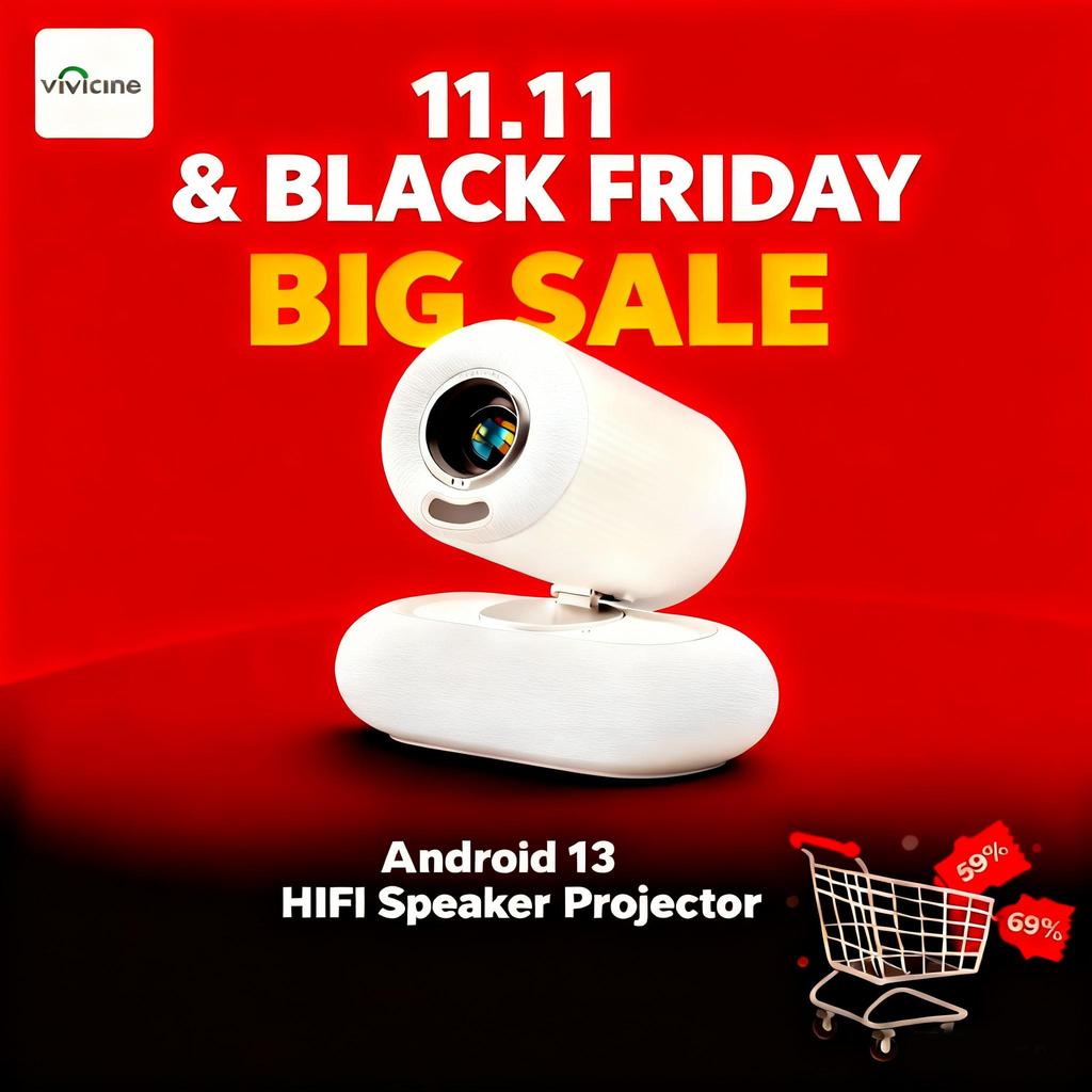 Vivicine Новейший YT900 Android 13 1920x1080p Full HD 1080p Проектор для домашнего кинотеатра, Автофокус, Автоматическая коррекция трапецеидальных искажений