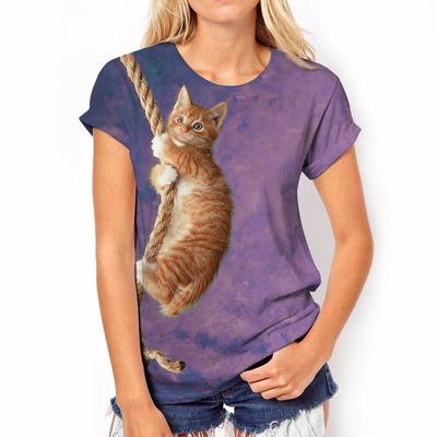 Летняя футболка женская с 3D-принтом в виде кошки, с круглым вырезом и короткими рукавами, топ