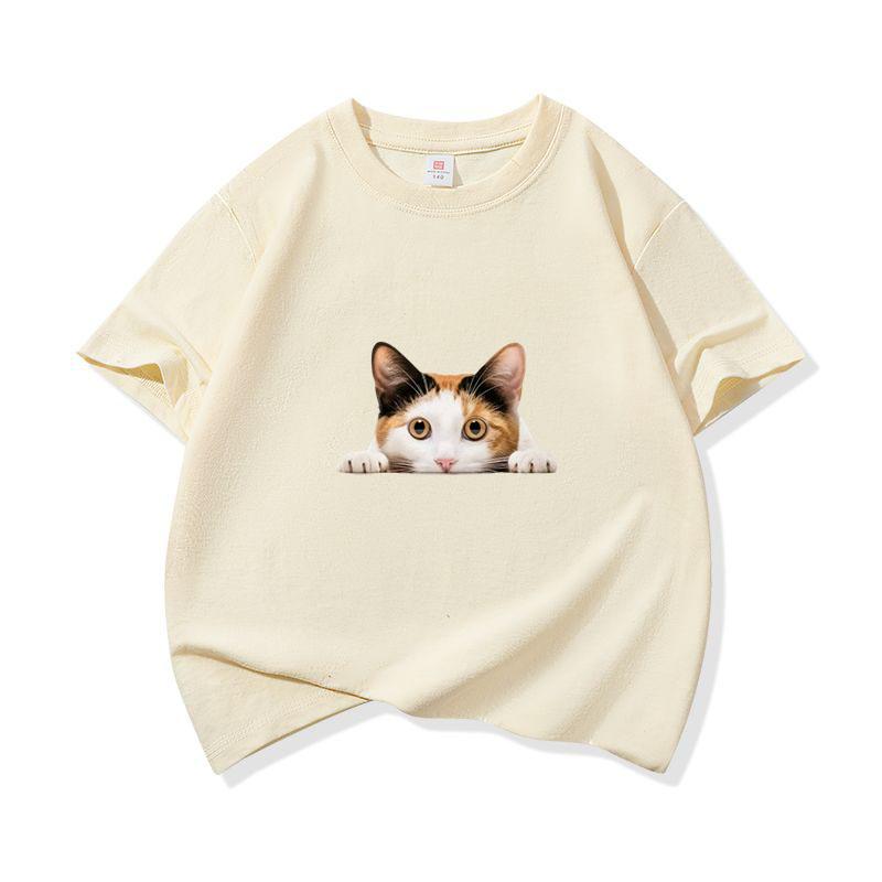 Kids Cotton T Shirt Peeking Calico Cat Graphic Print Crew Neck Short Sleeve Tee Casual Breathable Boys Girls Summer Tops