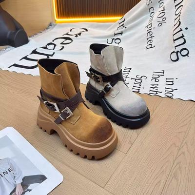 Версия из коровьей кожи~ короткие ботинки на толстой подошве с увеличением высоты женские 2025 новые осенние ретро ковбойские сапоги маленькие большеголовые рыцарские ботинки