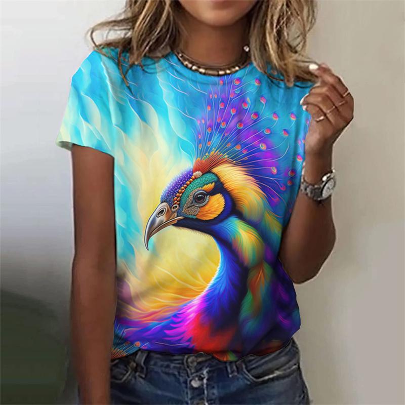Красивая футболка с узором павлина для женщин, цветочные футболки с 3D-принтом, модные свободные футболки с короткими рукавами и круглым вырезом