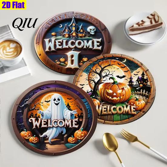 Non-slip Table Protection 6Pcs/Set Halloween Wooden Coasters, Retro Pumpkin Ghost Drink Decorative Coffee Bar Accessories Round Heat