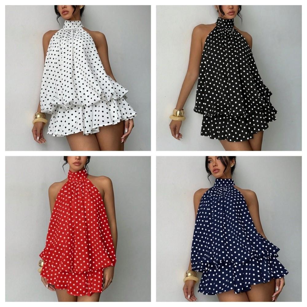 Sleeveless A Line Halter Dress Off Shoulder Chiffon Dress Elegant Polka Dot Dress Holiday