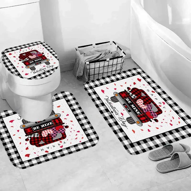 Valentine's Day Shower Curtain, Rose High Heels Lipstick Perfume Bottle Black and White Striped Romantic Bath Mat Bathroom Decor