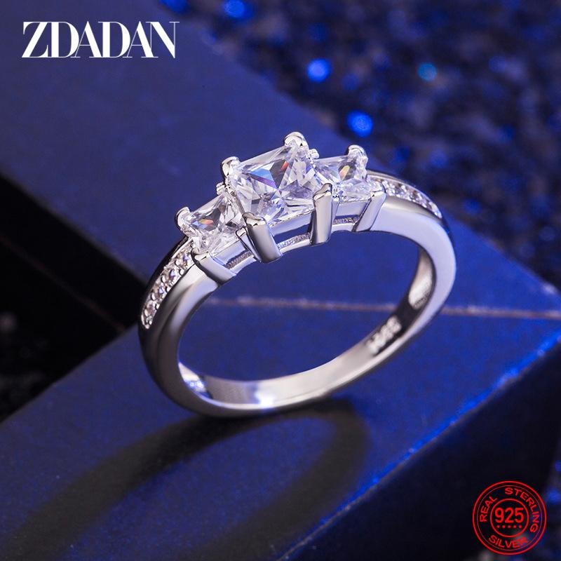 ZDADAN 925 Silver Square Pink Zircon Rings for Women Girls Fashion Jewelry