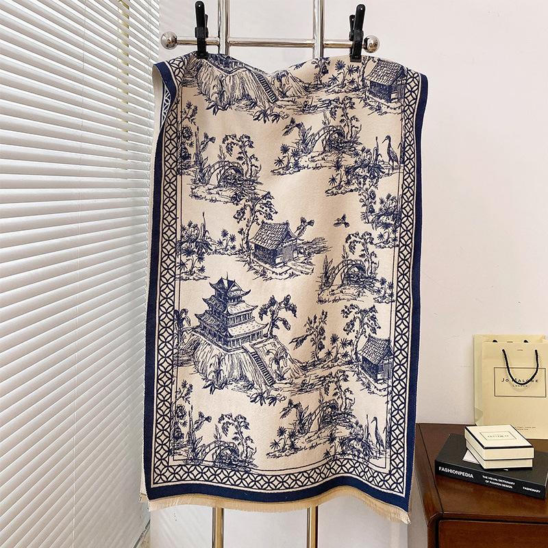 Antique Winter Warm Fashion Advanced Sense Age-Reducing Scarf Literary And Retro Double-Sided Shawl Cape Versatile Scarf Women