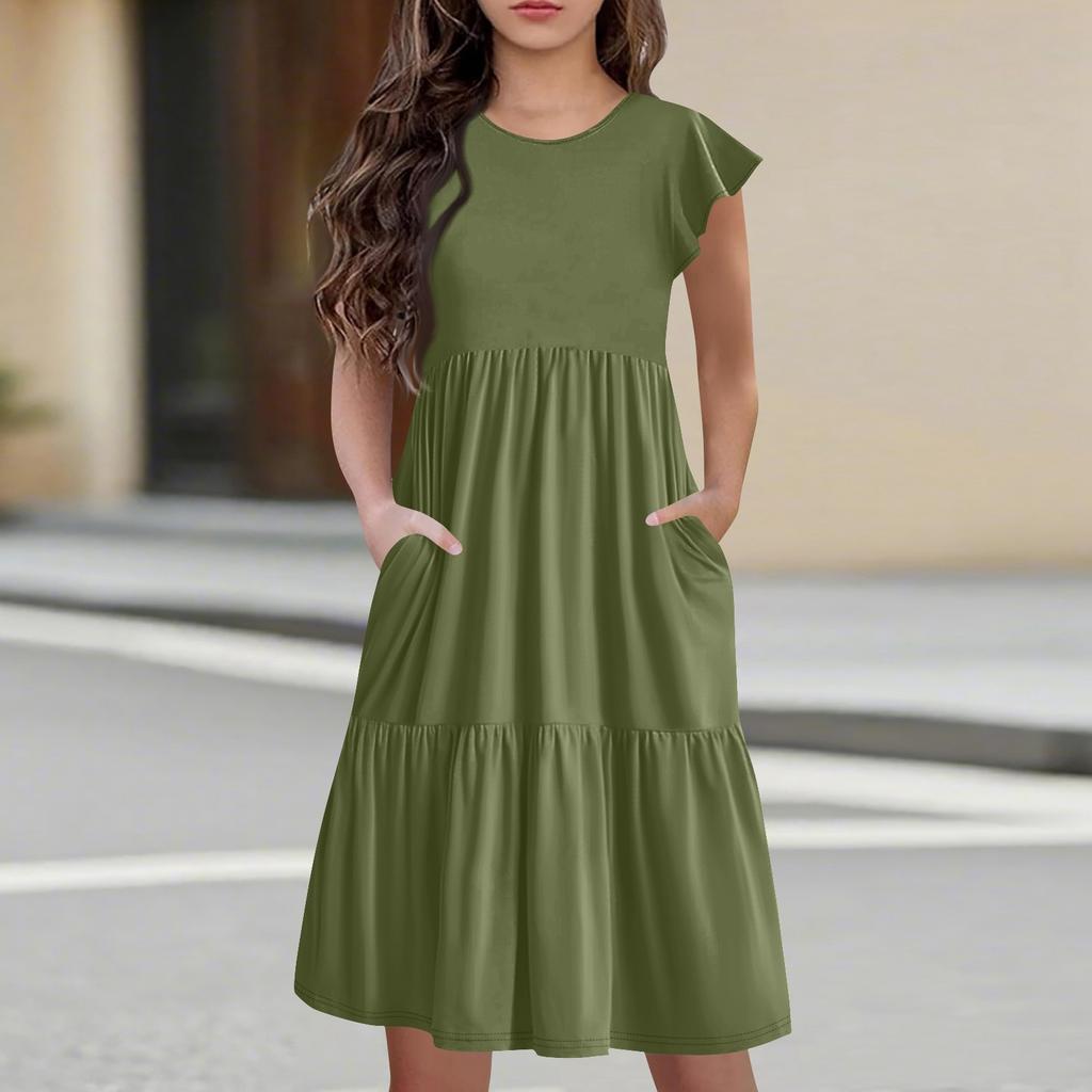 Детская юбка с круглым вырезом, плиссированная, с коротким рукавом, юбка принцессы, модное повседневное платье с карманами для девочек