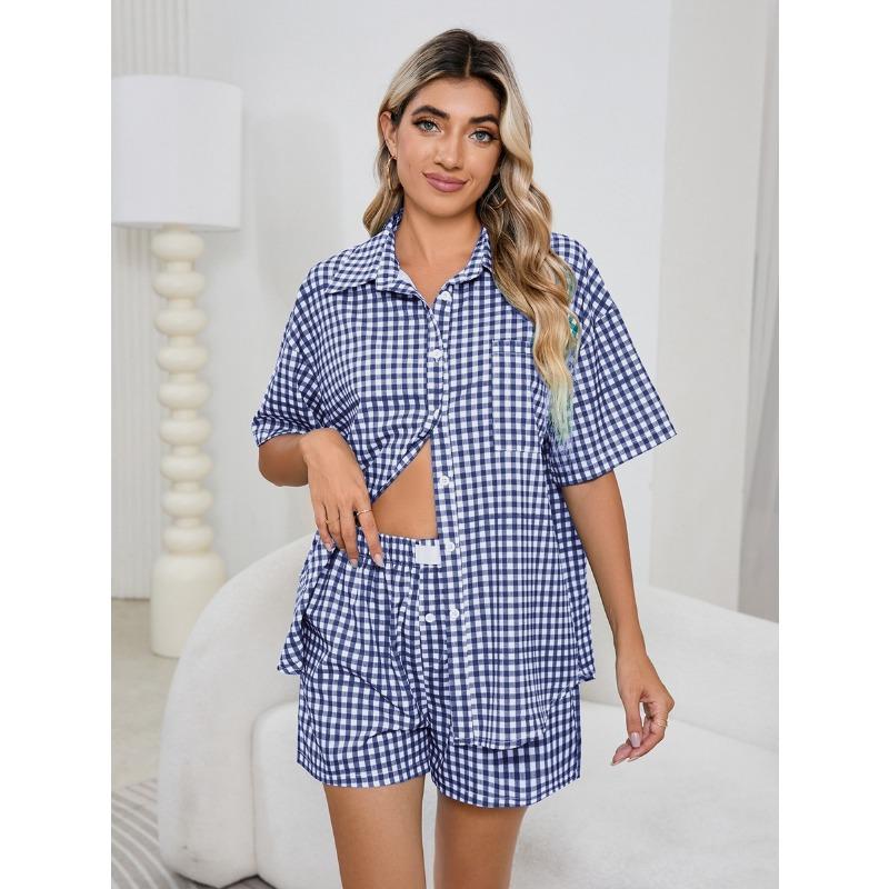 YYFS Женская мода повседневная летняя весенняя клетчатая рубашка с коротким рукавом и воротником-поло, брюки, костюмы