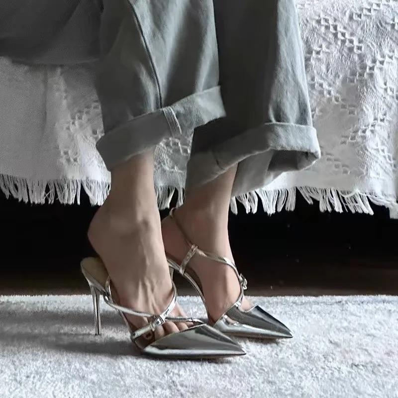 2026New Spring/Summer Silver Lacquer Leather Cross Button Strap Pointed Thin Heel Sandals for Women Sexy High Heel Single Shoes