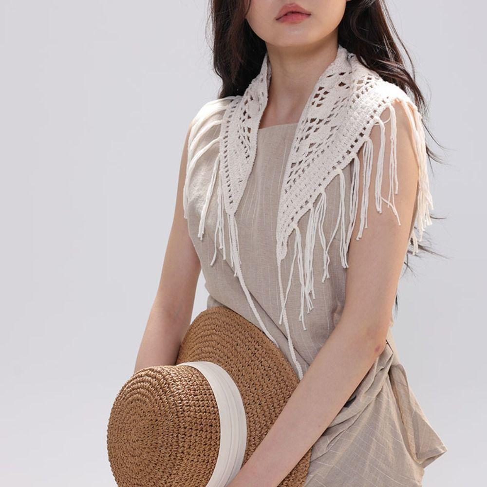 Bohemian Tassel Knitted Triangle Scarf Countryside Style Ethnic Style Crochet Flower Scarves Clothes Decoration White