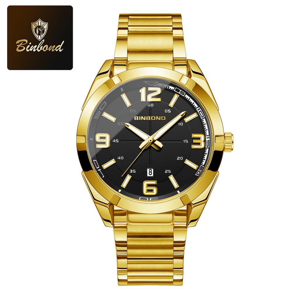 BINBOND Мужские часы Большие цифровые модные деловые водонепроницаемые календарные ночные светильники из нержавеющей стали кварцевые мужские часы мужской подарок