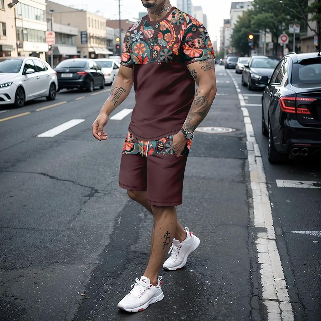 Мужской комплект летней одежды для отдыха из двух предметов с цветными блоками, мужская футболка с короткими рукавами с цифровым принтом и шорты на шнурке с карманами