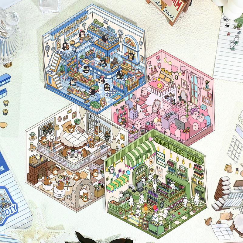 Мультфильм 3D Ландшафтный дизайн Наклейки Миниатюрная сцена Сделай Сам Сцена из домика Складывание и наклеивание Ручной счет Милый подарок для ребенка