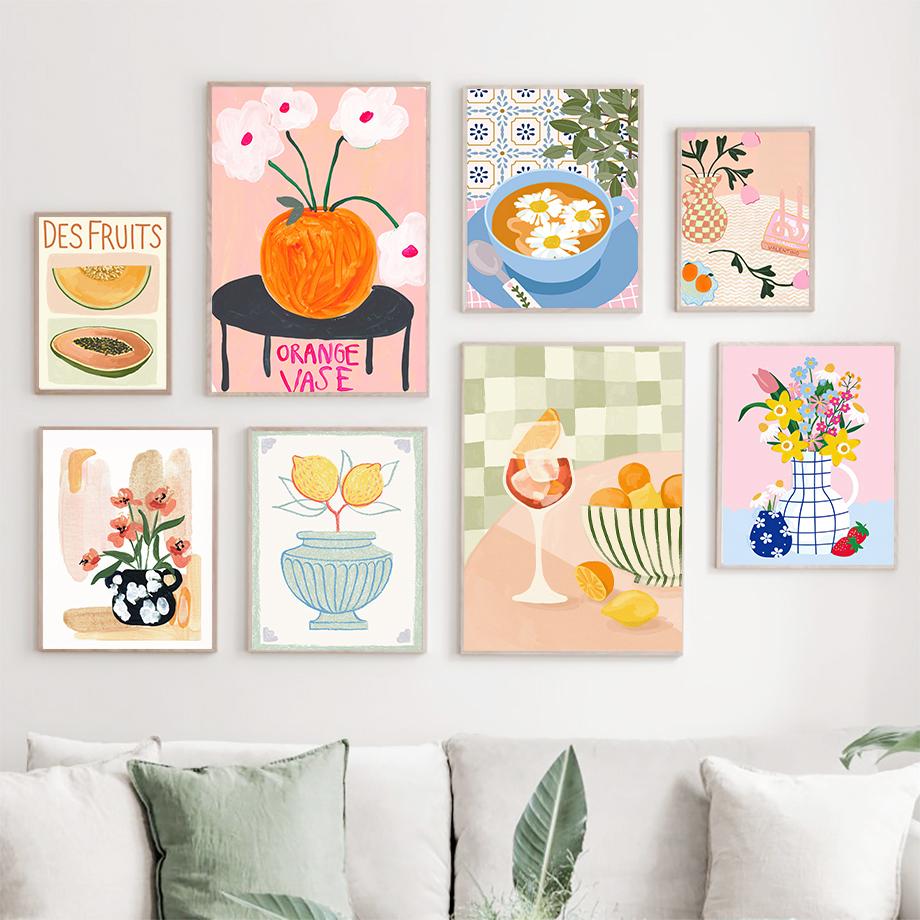 Ретро Цветы Ваза Галерея Красочный Фанки Постер И Принты Простой Настенный Арт Холст Живопись Настенные Картины Для Декора Гостиной