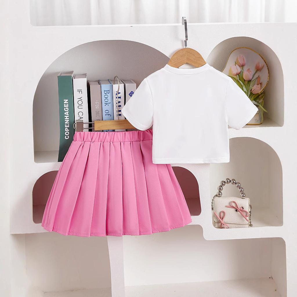 Костюмы для девочек, летние, для девочек, с круглым вырезом, бантом, узором «любовь», однотонная блузка, плиссированная юбка, костюм