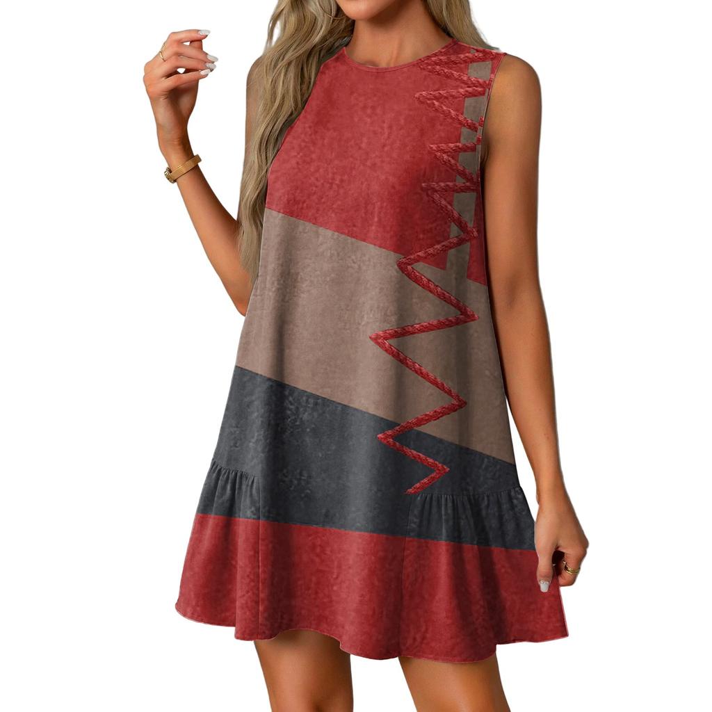 Women's Fashion Casual Sleeveless Round Neck Ruffle Vintage Printed Dresses