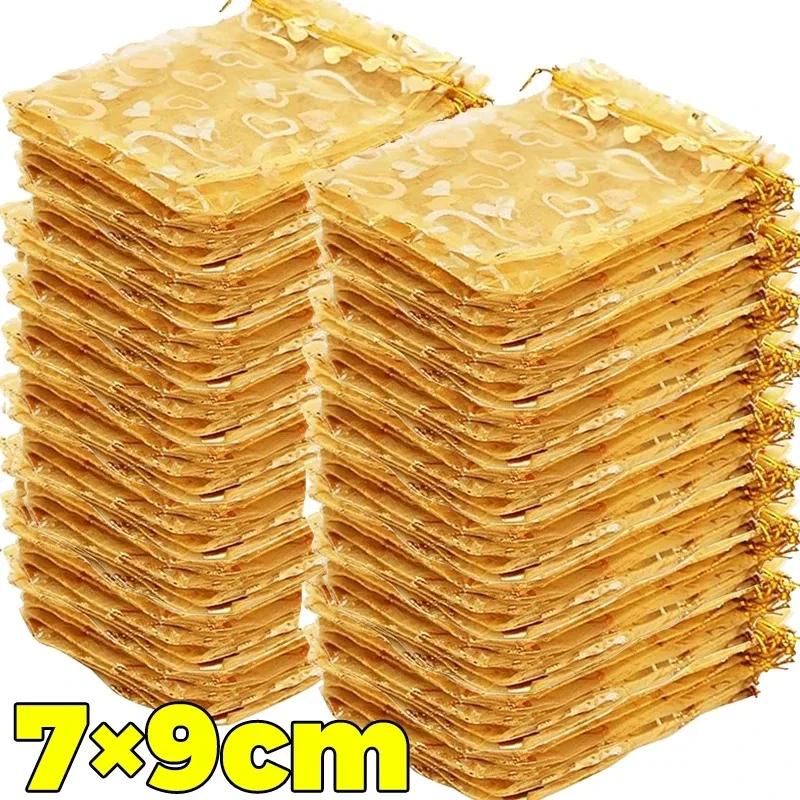 200/10PCS Gold Organza Drawstring Gift Bags Mini Earring Jewelry Pouches Wedding Christmas Party Favor Wrapping Packing Supplies