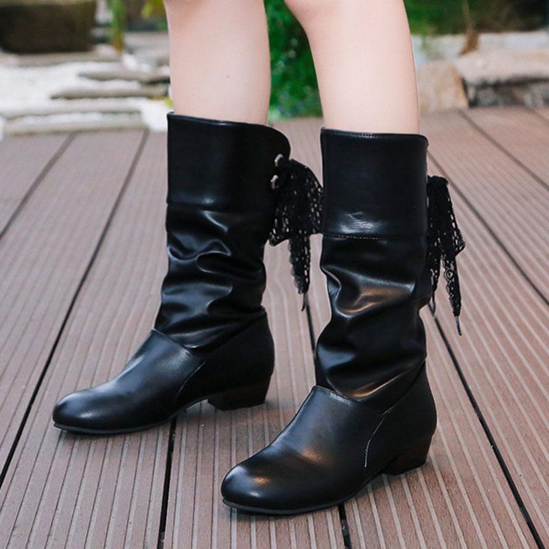 Женские красные сапоги весна-осень повседневные сапоги до середины икры со шнуровкой сзади для женщин плиссированные сапоги из искусственной кожи на низком каблуке Botas Femininas Large