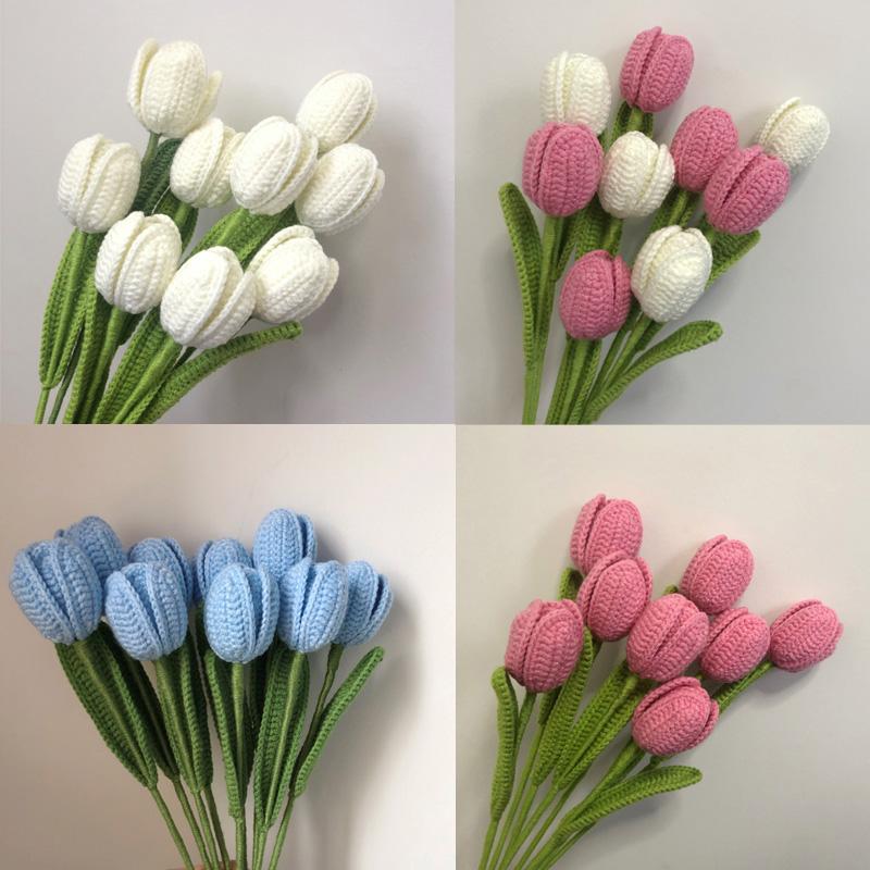 1PC Artificial Tulips Bouquet Home Decor Fake Flower Handmade Hand-Woven Knitted