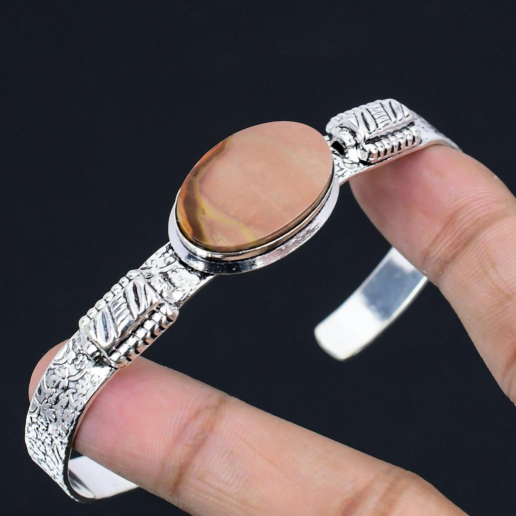 Wedding Gift For Her 925 Silver Natural Landscape Jasper Bangle Adjustable