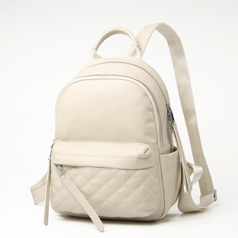 Genuine Leather Women's Fashion Large Capacity Diamond Check Backpack Women's Commuter Travel Backpack