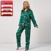 Женский рождественский пижамный комплект - Праздничный принт, Искусственный шелк, С длинным рукавом и брюки для осенне-зимнего комфорта