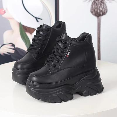 Модная осенне-зимняя женская обувь из кожи с высоким верхом, кроссовки на платформе и танкетке, массивная обувь, скрытый каблук 12 см, белая, черная, женская повседневная обувь